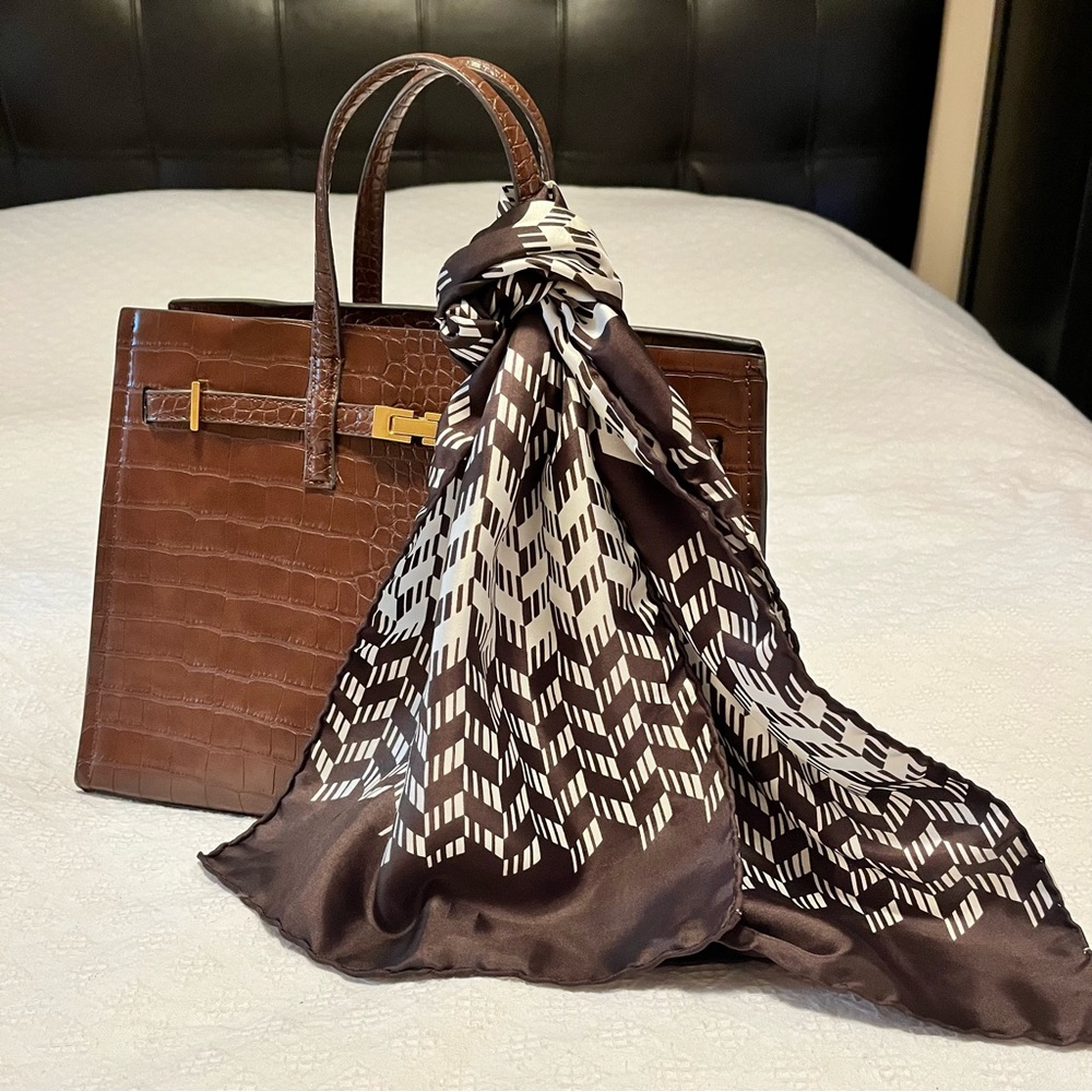 Swiss made 100% silk scarf- geometric brown and ivory pattern, pure silk